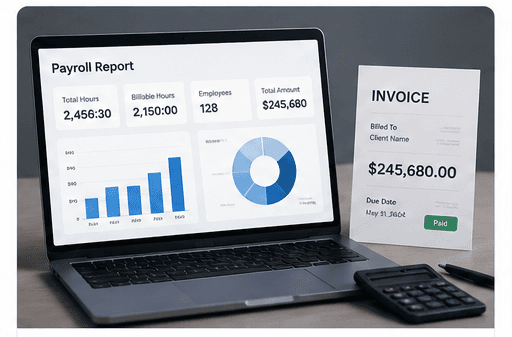 A payroll report of billable hours and totals alongside a client invoice marked paid