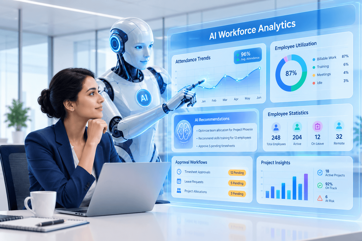 A workforce analytics dashboard showing attendance trends, employee utilisation, and pending approval workflows