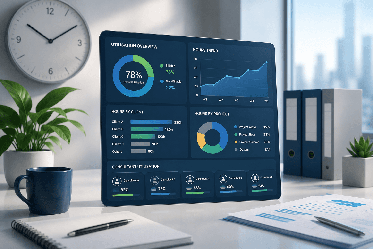 Consulting utilisation dashboard with hours by client and project